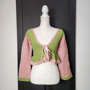 New Handcrafted Crop Crochet Cardigan, size, extra small, pink and green